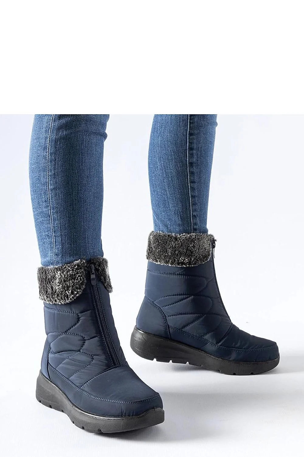Bottes de neige pour femmes style moderne couleur bleu marine cuir synthétique talon compensé fourrure intérieure