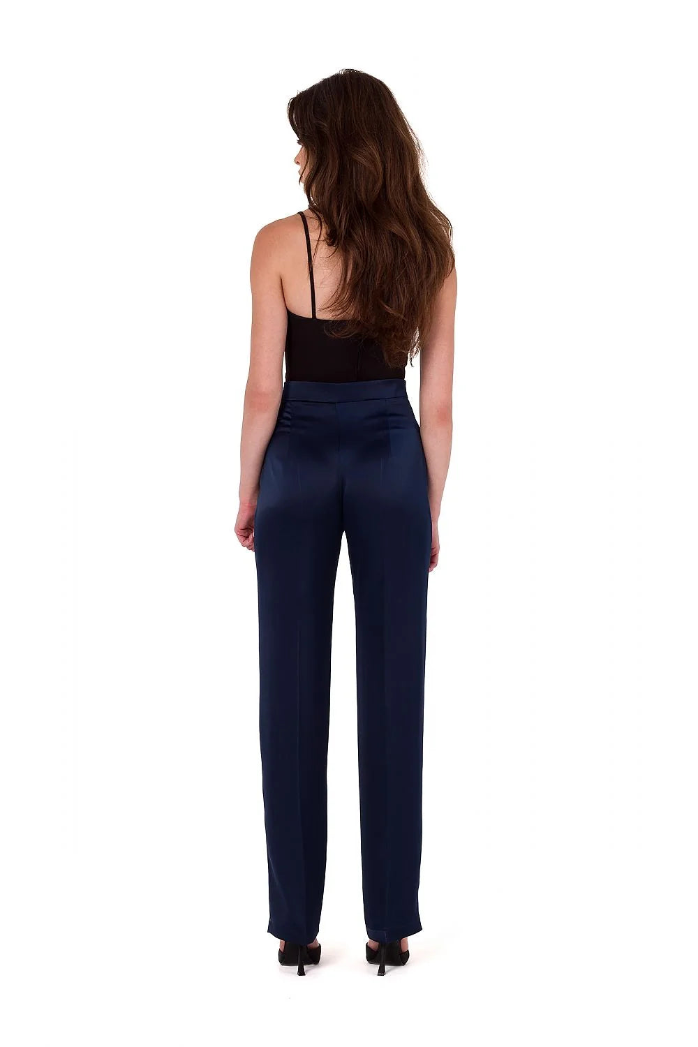 Pantalon femme Makover en satin taille haute jambe droite crop top inclut noir bleu marine élégance confort Pologne