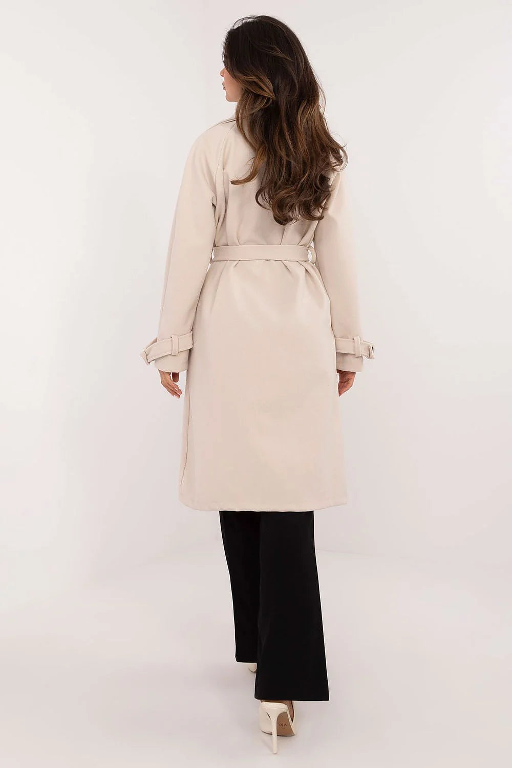 Manteau Och Bella élégant long beige clair manches longues ceinture ajustable boutons bois femmes