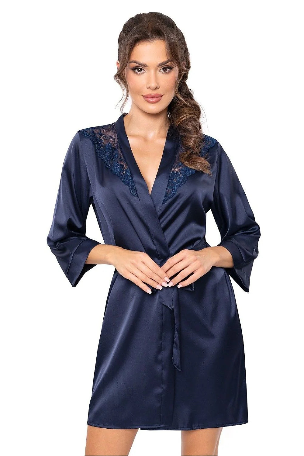Peignoir femme élégant court manches mi-longues dentelle épaules satin soie bleu nuit loungewear détente