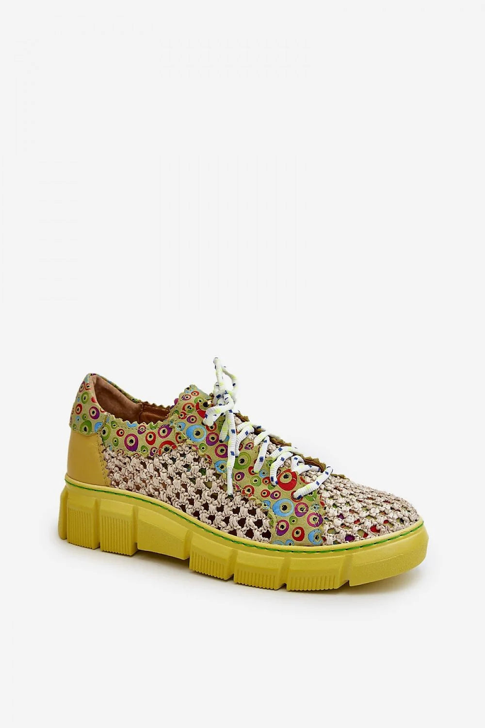 Chaussures basses femmes design audacieux artistique motif coloré jaune vert cuir tissu confort port prolongé