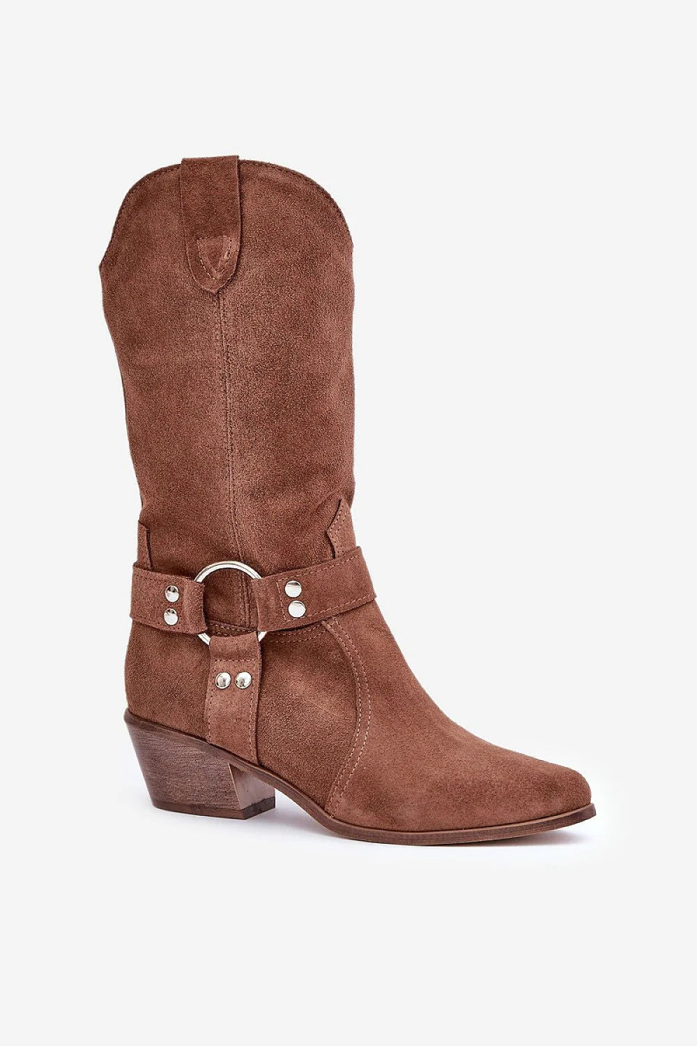Bottes à talons Step in style en daim brun terreux, style western moderne, bout pointu, sangle décorative, fermeture éclair latérale, fourrure intérieure, femmes