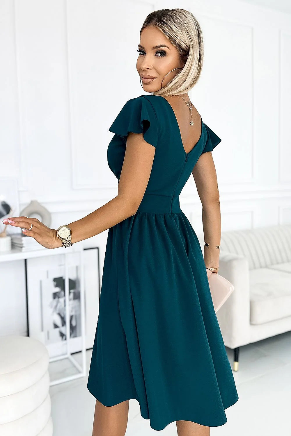 Robe de soirée élégante en vert émeraude manches courtes encolure V croisée taille ajustable femme Numoco