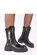 bottines femme cheville cuir écologique noir lisse plateforme 5cm épais semelle crantée bout rond doublure fourrure zircon fermeture éclair latérale