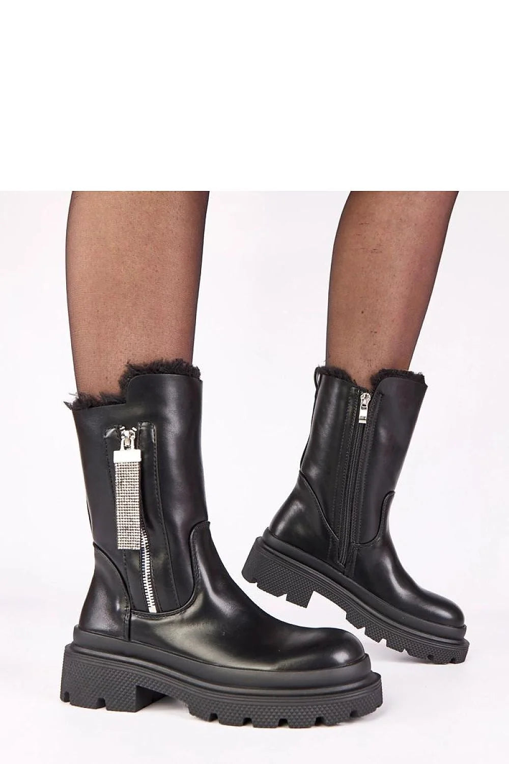 bottines femme cheville cuir écologique noir lisse plateforme 5cm épais semelle crantée bout rond doublure fourrure zircon fermeture éclair latérale
