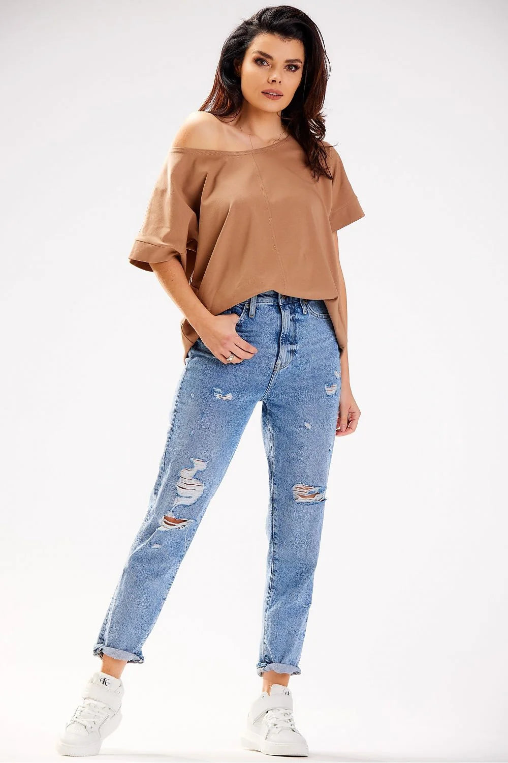 Chemisier à encolure asymétrique en coton stretch femme, style décontracté, coupe ample, fabriqué en Pologne