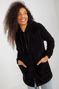 Sweatshirt polaire sherpa noir ample longue coupe col montant capuche zip poches latérales casual urbain