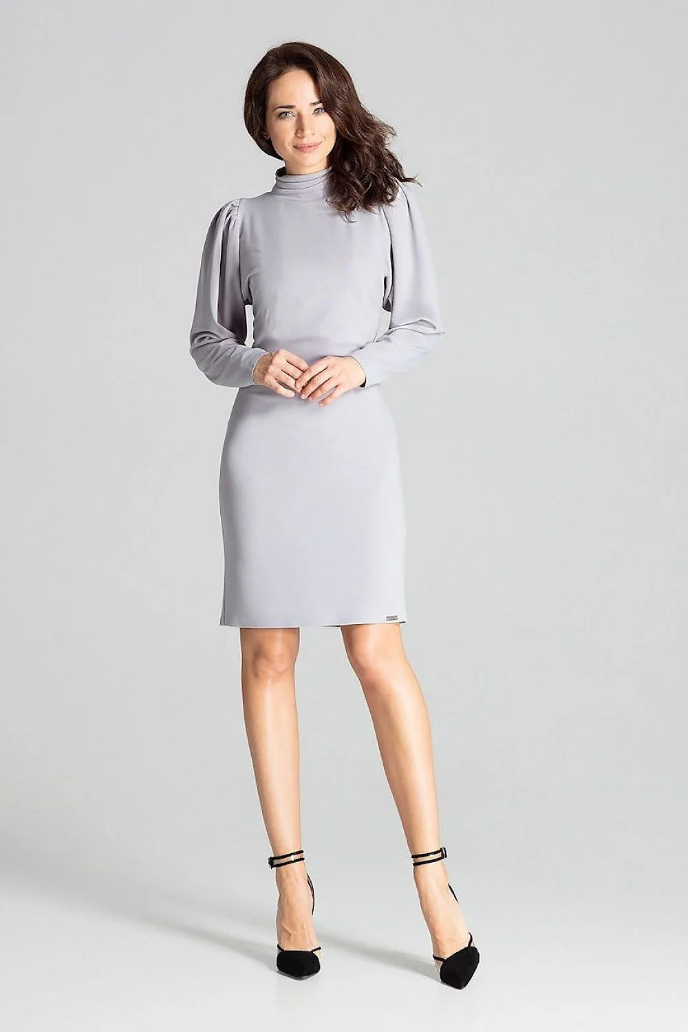 Robe élégante en polyester gris clair manches longues col montant style formel minimaliste femme