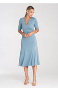 Robe de jour élégante style intemporel couleur bleu ciel femme manches 3/4 décolleté V ajustée taille M L XL