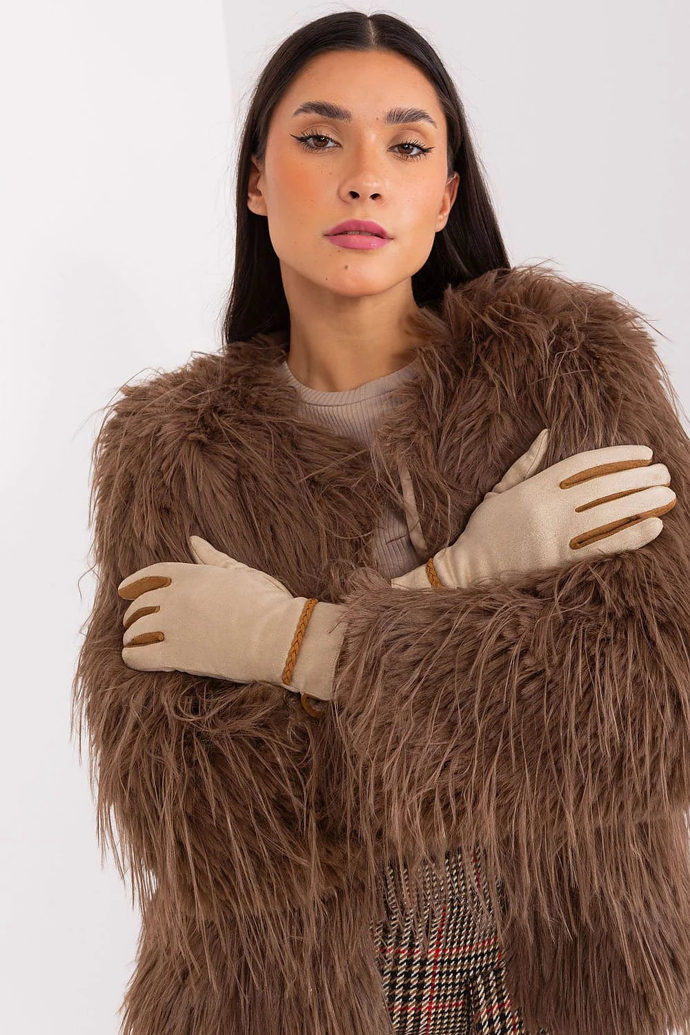 Gants féminins élégants en tissu lisse contrasté empiècements doigts bretelles tressées fleurs brodées polyester spandex femme