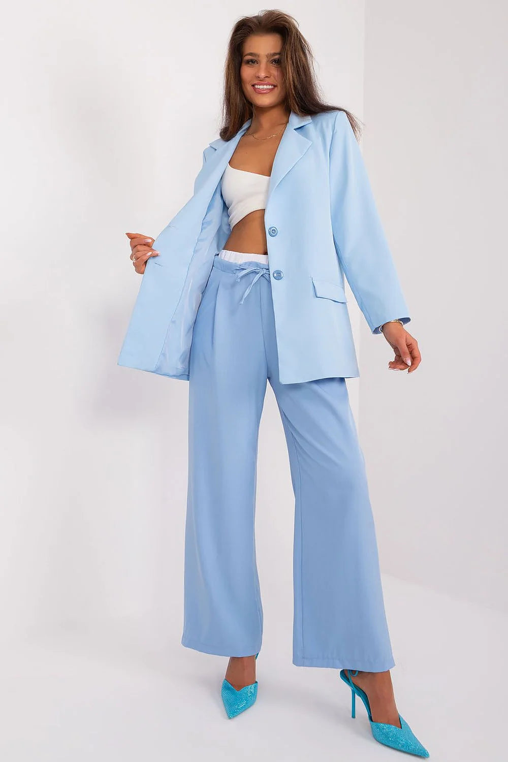 Costume femme blazer et pantalon classic large pastel bleu mode polyvalent occasions formelles et décontractées