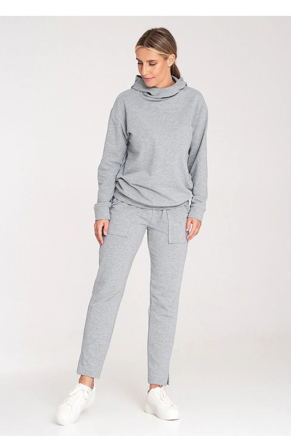 Ensemble mode féminin pull col montant pantalon taille élastiquée style décontracté confortable coton mélangé