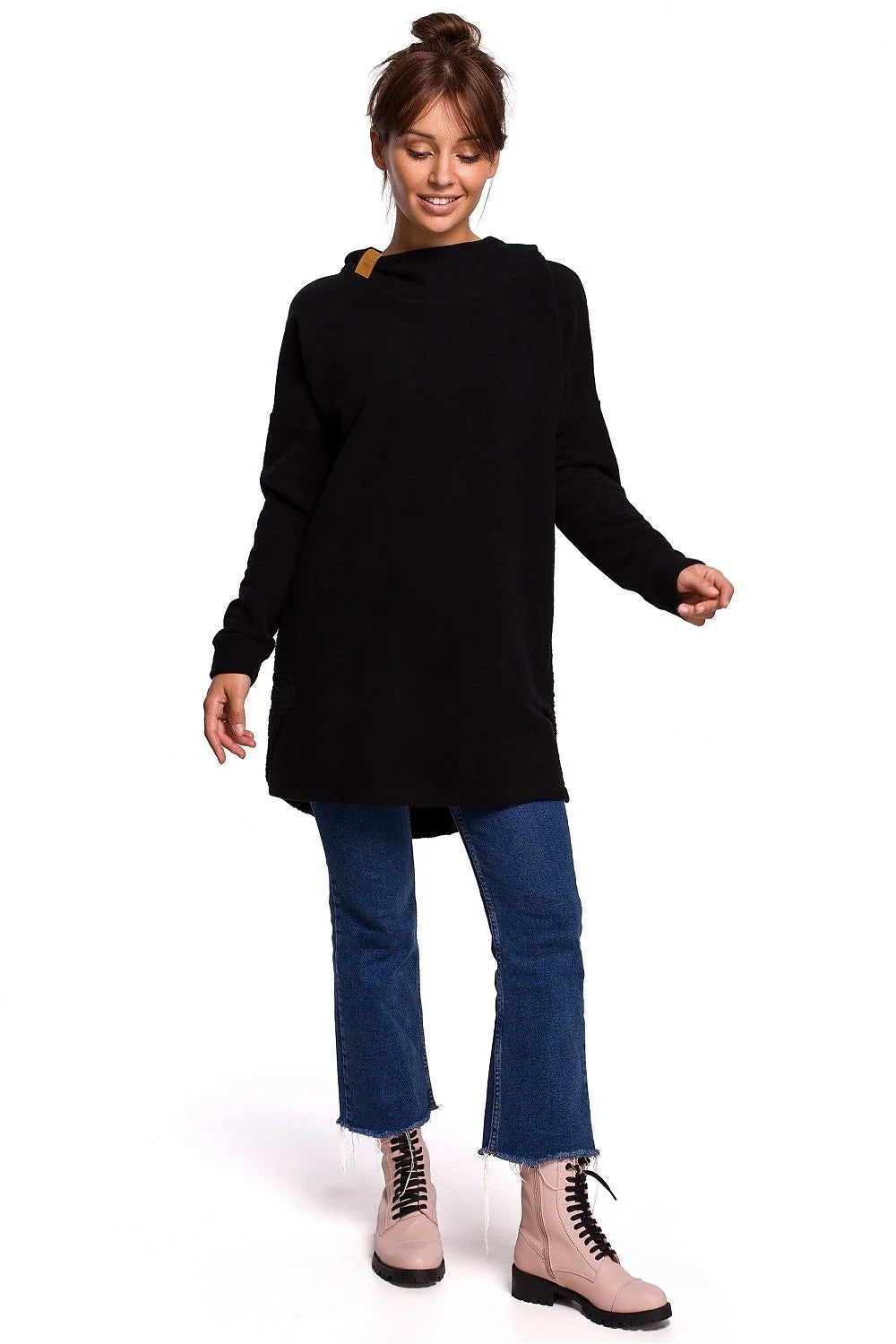 Sweatshirt pour femme en coton bleu marine oversize longue manches longues col montant capuche