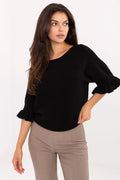 pull femme noir maille fine manches troisquarts volants encolure bateau oversize coupe droite ourlet arrondi côtelé