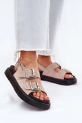 Sandales modernes femmes cuir suédé beige semelle épaisse plateforme métal boucles style élégant été confort
