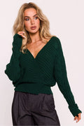 pull femme chic cache coeur croisé coupe courte manches longues bouffantes col V décolleté profond maille torsadée vert sapin