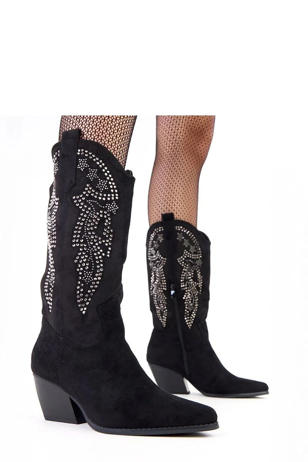 bottines cowboy femme suédé écologique noir mi mollet bout pointu talon cubain stable confortable fermeture zippée intérieure semelle zircons subtils