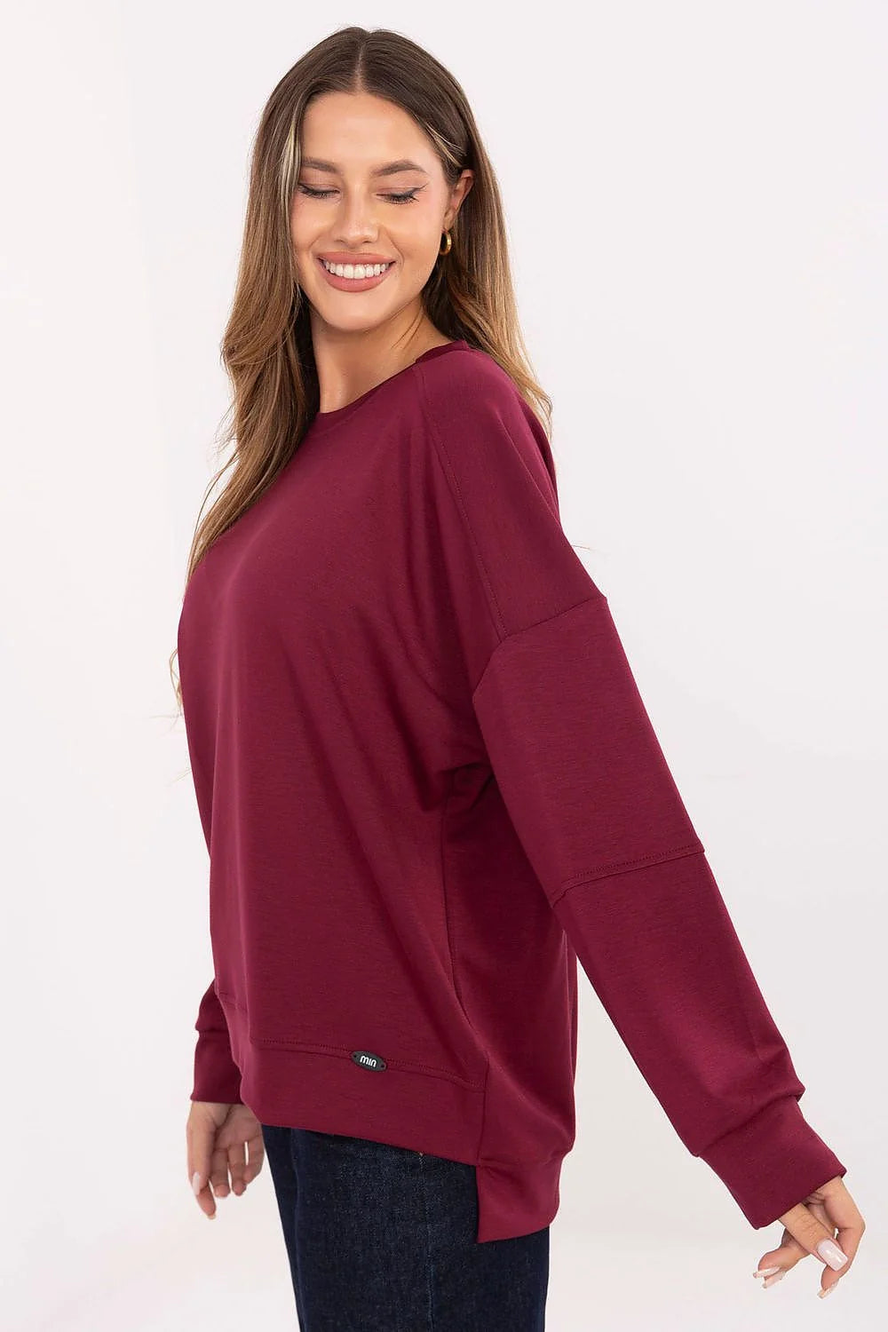 sweatshirt femme bordeaux maille douce viscose élasthanne oversize coupe droite col rond manches longues emmanchures tombantes poignets côtelés