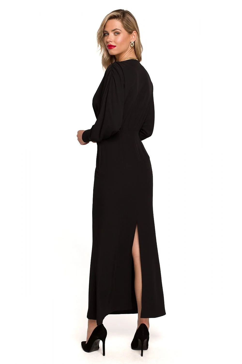 Robe de cocktail élégante longue manches volumineuses décolleté en V fuchsia sans motifs polyester elasthanne
