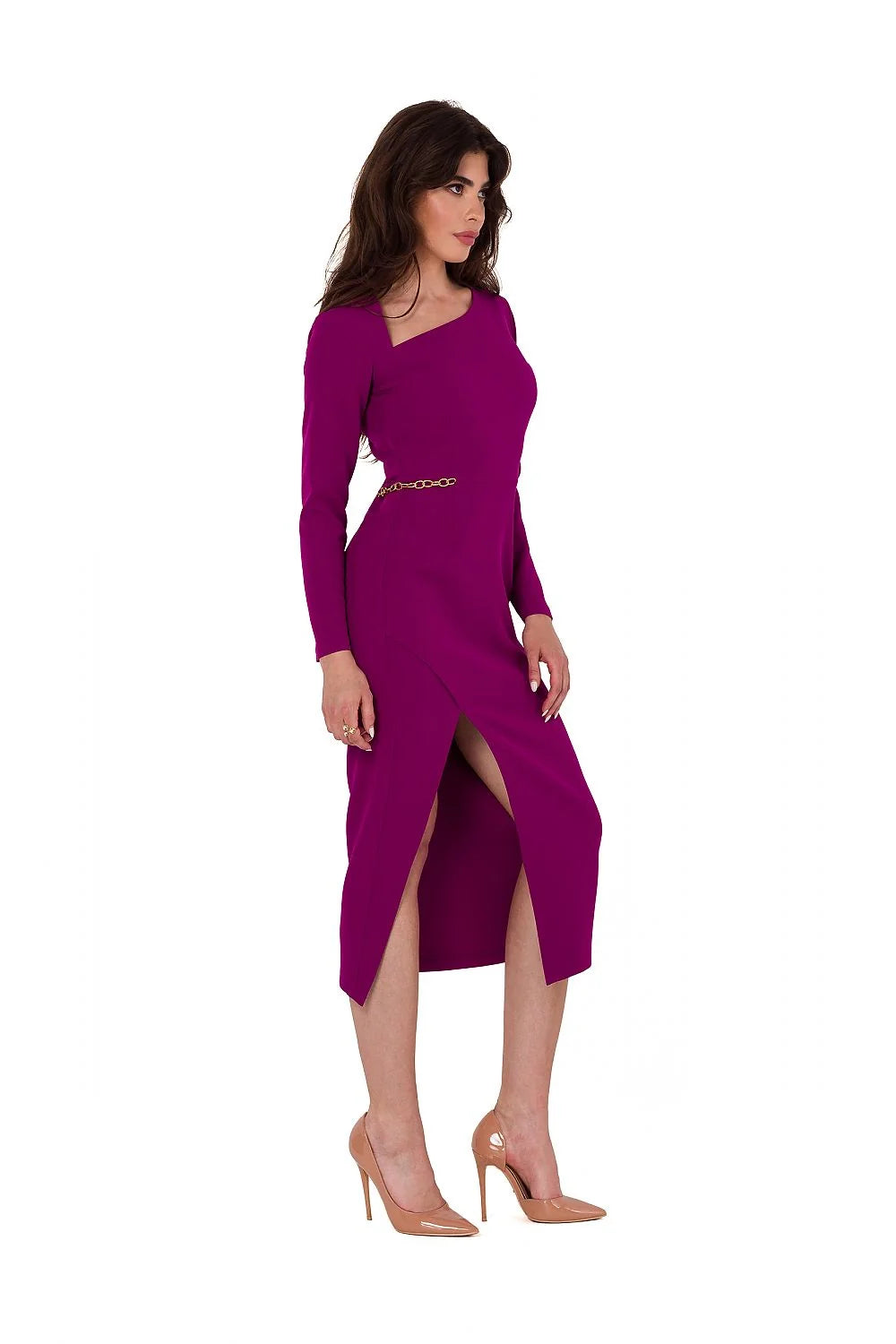 Robe de soirée Makover élégante longueur midi manches longues encolure asymétrique fente devant chaîne dorée femme