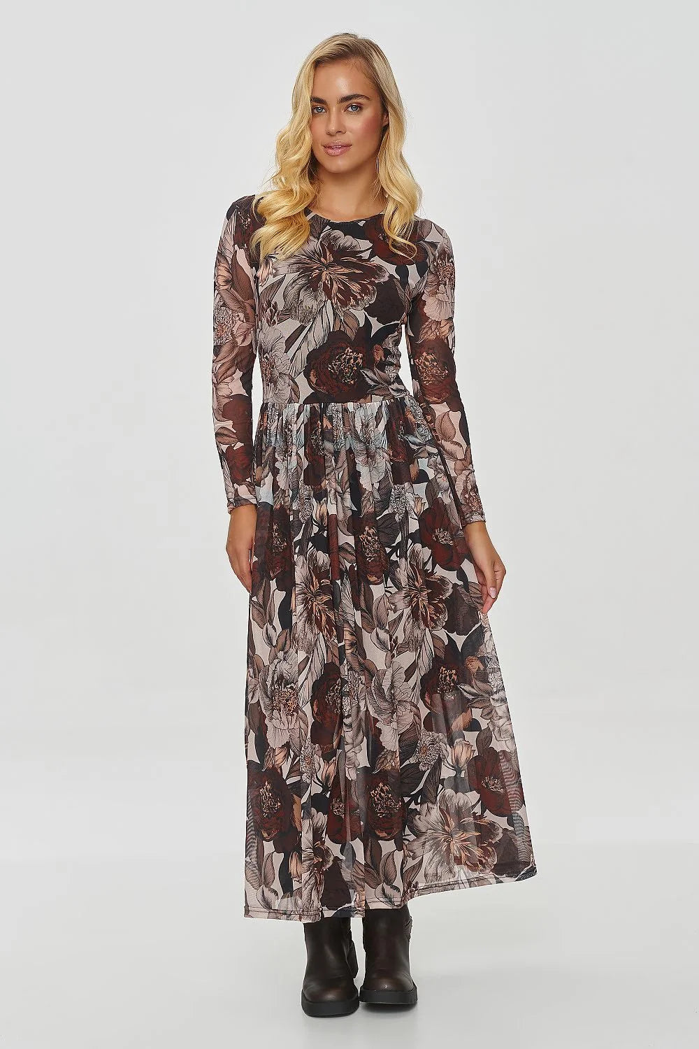 Makadamia robe longue femme manches semi transparentes col rond taille marquée jupe évasée fluide mousseline doublure intégrée imprimé floral automnal