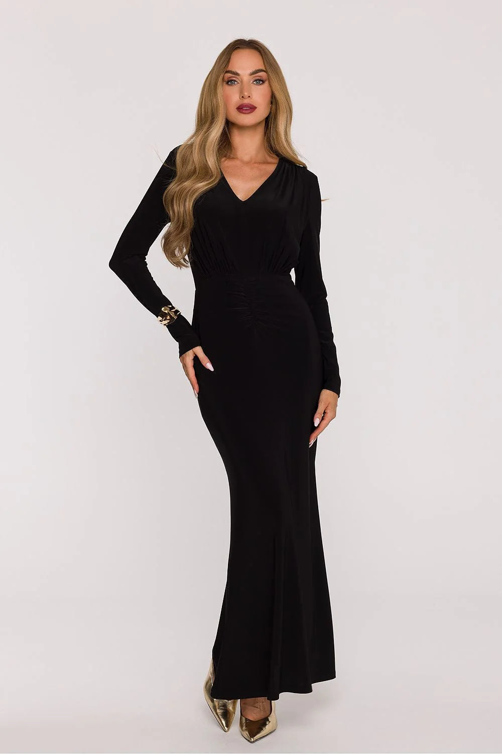 robe longue noire maxi élégante féminine moulante fluide jersey extensible décolleté plongeant manches longues taille drapée ceinture séparée polonaise