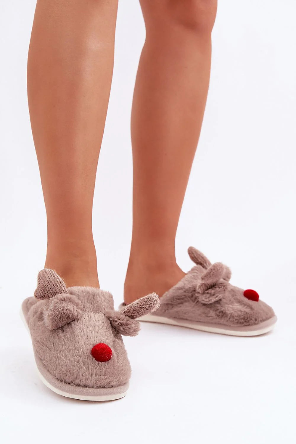 Pantoufles de Noel pour Femme en Peluche Marron Clair, Design Rennus, Doublure Fourrure, Semelle Antidérapante, Taille 36-41
