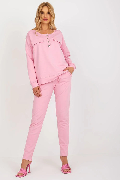 ensemble loungewear femme sweat oversize encolure ronde patte boutonnage poches rabat pantalon jogger slim taille haute molleton doux rose clair