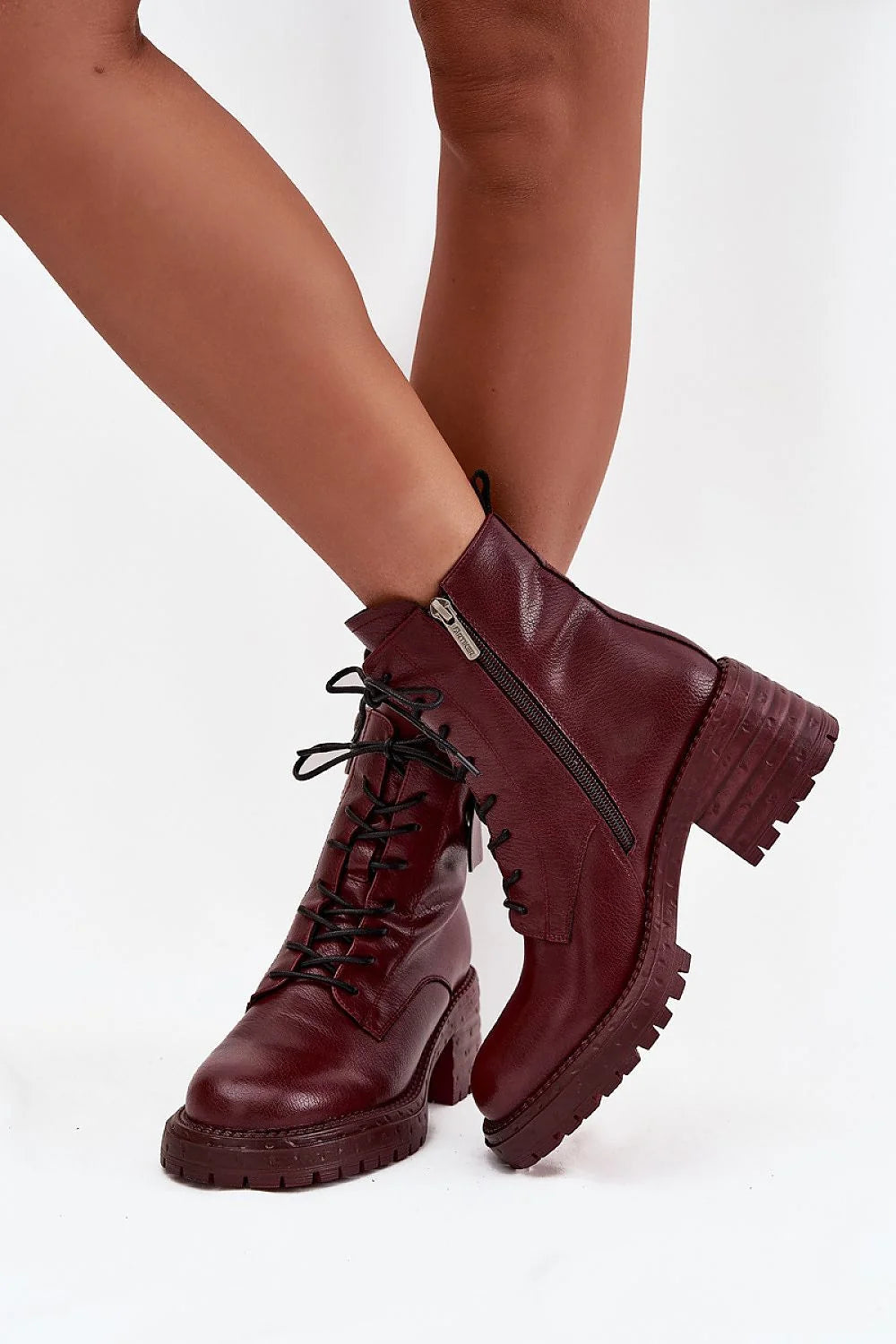 Artiker bottines femme cheville lacets zip latéral talon bloc moyen semelle crantée antidérapante cuir bordeaux profond