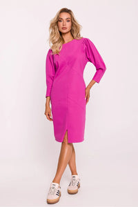 robe midi fuchsia jersey manches troisquarts bouffantes fente avant ajustée coupe droite coutures chevrons encolure ronde extensible structuré chic sophistiquée
