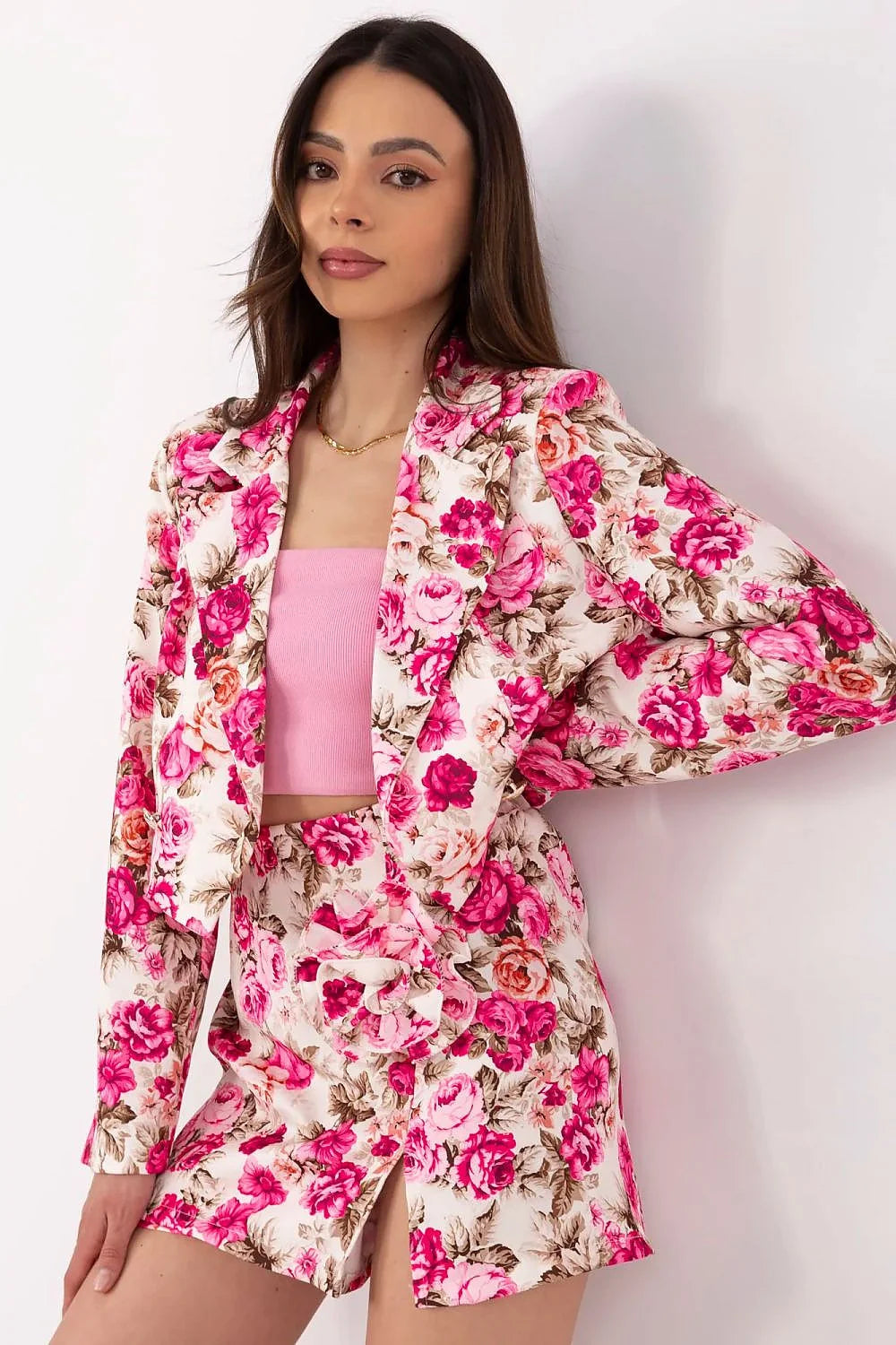 Ensemble féminin Italy Moda veste courte jupe évasée motifs floraux printemps été porté occasionnels femme