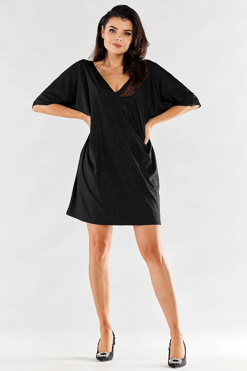 robe soirée rouge éclatante manches trois quarts col V plongeant coupe oversize tunique mi cuisses stretch irisé métallisé élasthanne confortable