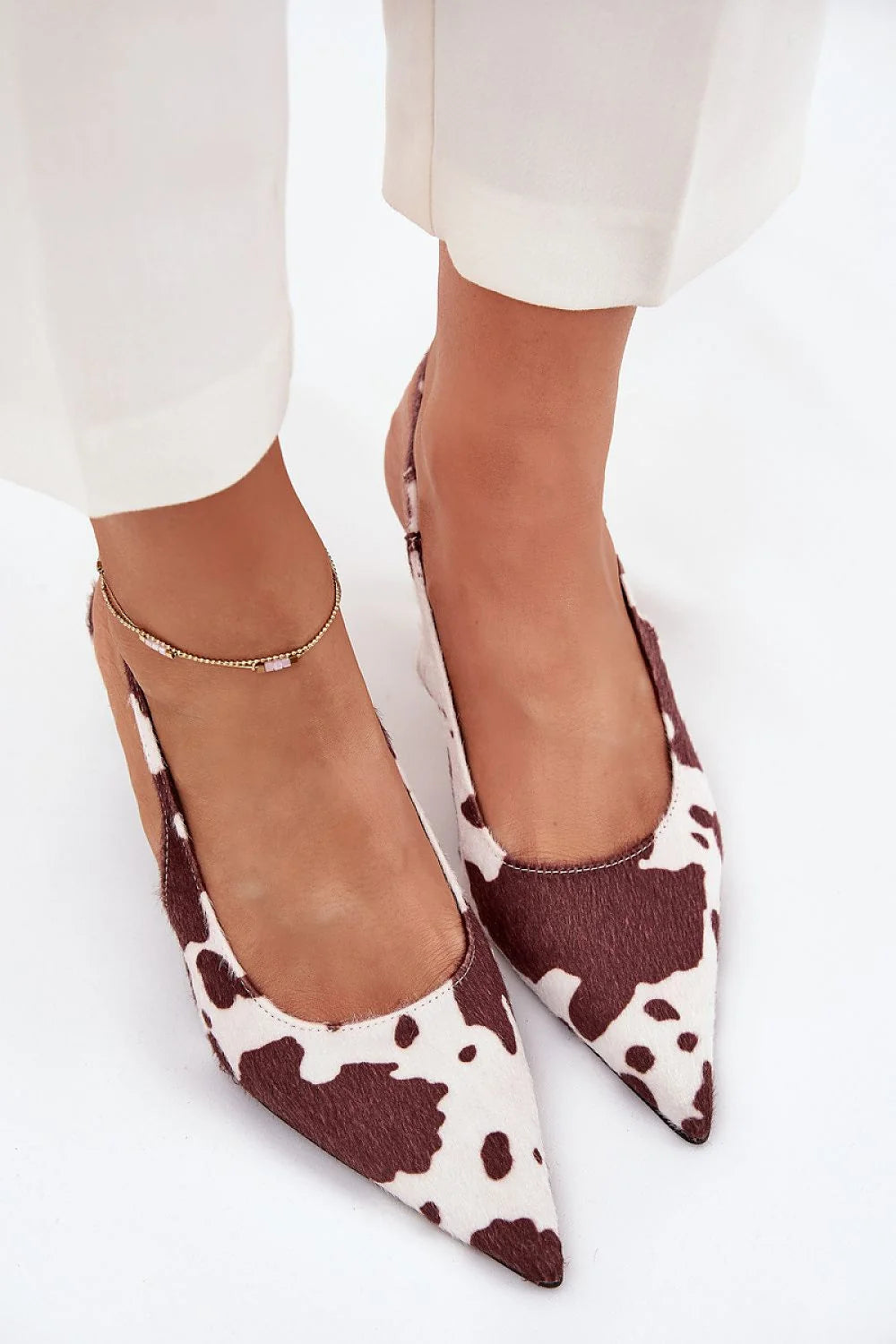 escarpins femme slingback bout pointu effet vache ponyhair brun blanc kitten talon verni bride ouverte semelle fine élancée soirée chic