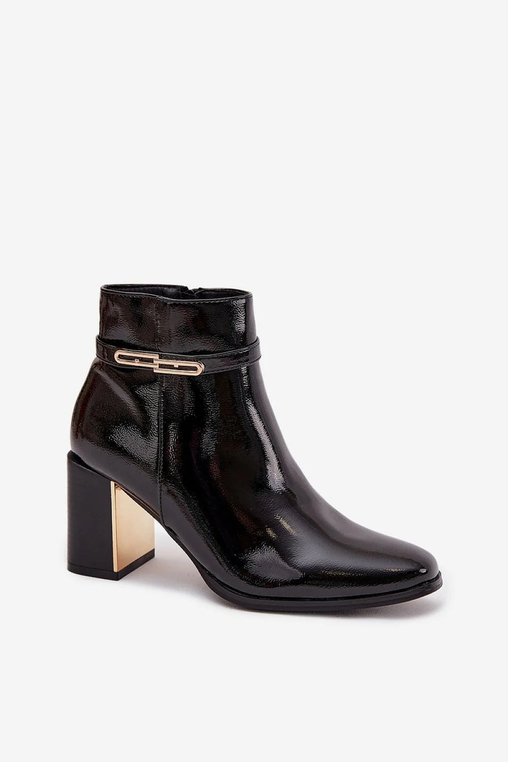 bottines femme vernis noir simili cuir cheville bout pointu talon colonne stable insert métallique doré bride décorative boucle