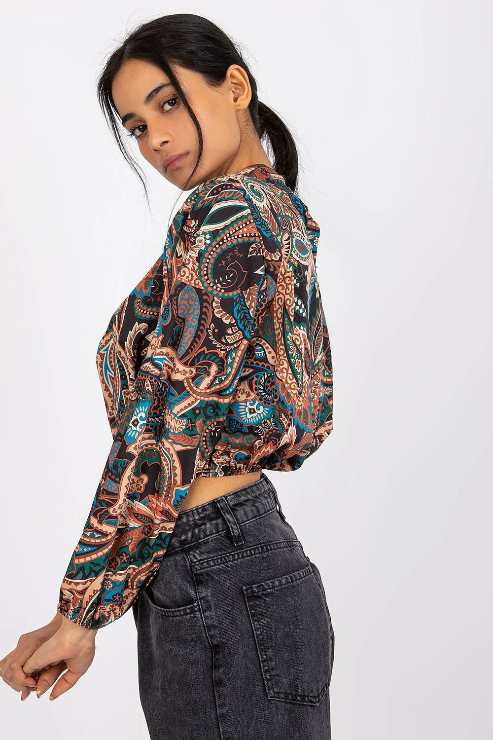 Chemisier féminin bohème multicolore manches longues col montant élasthanne polyester Italy Moda occasion quotidienne
