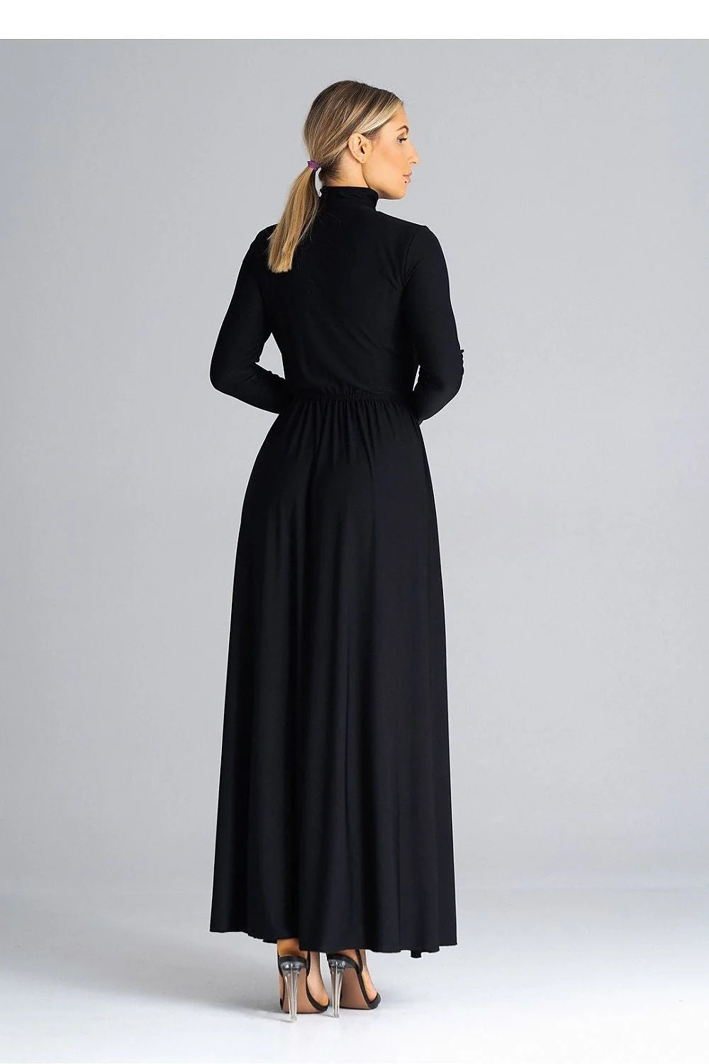 robe longue col roulé manches longues fente frontale taille élastiquée polyester elasthanne jersey fluide extensible jupe ample noir élégante