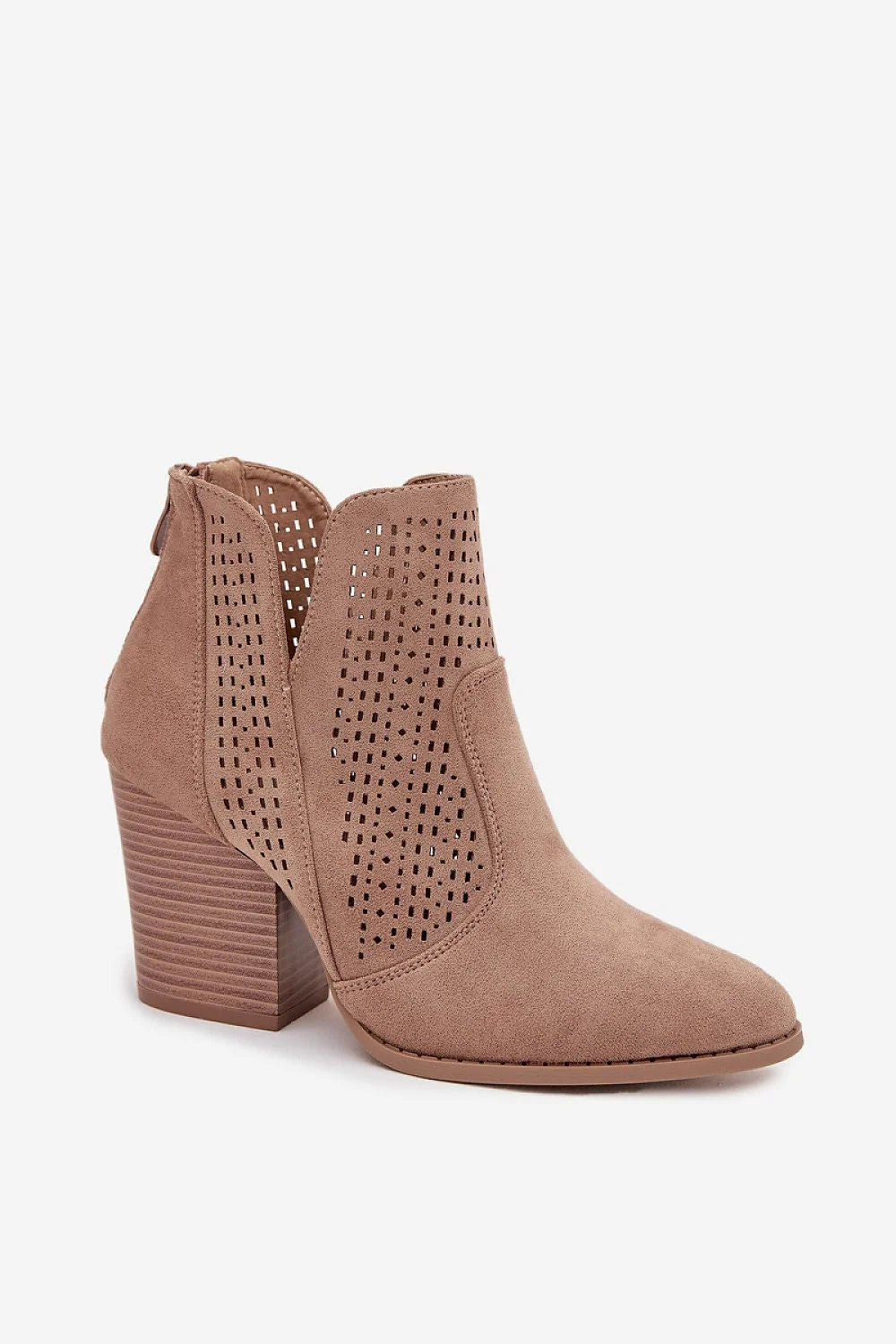 bottines femme suédine écologique taupe talon bloc pilier bout fin arrondi découpes ajourées perforations rectangulaires empiècements cheville fermeture éclair
