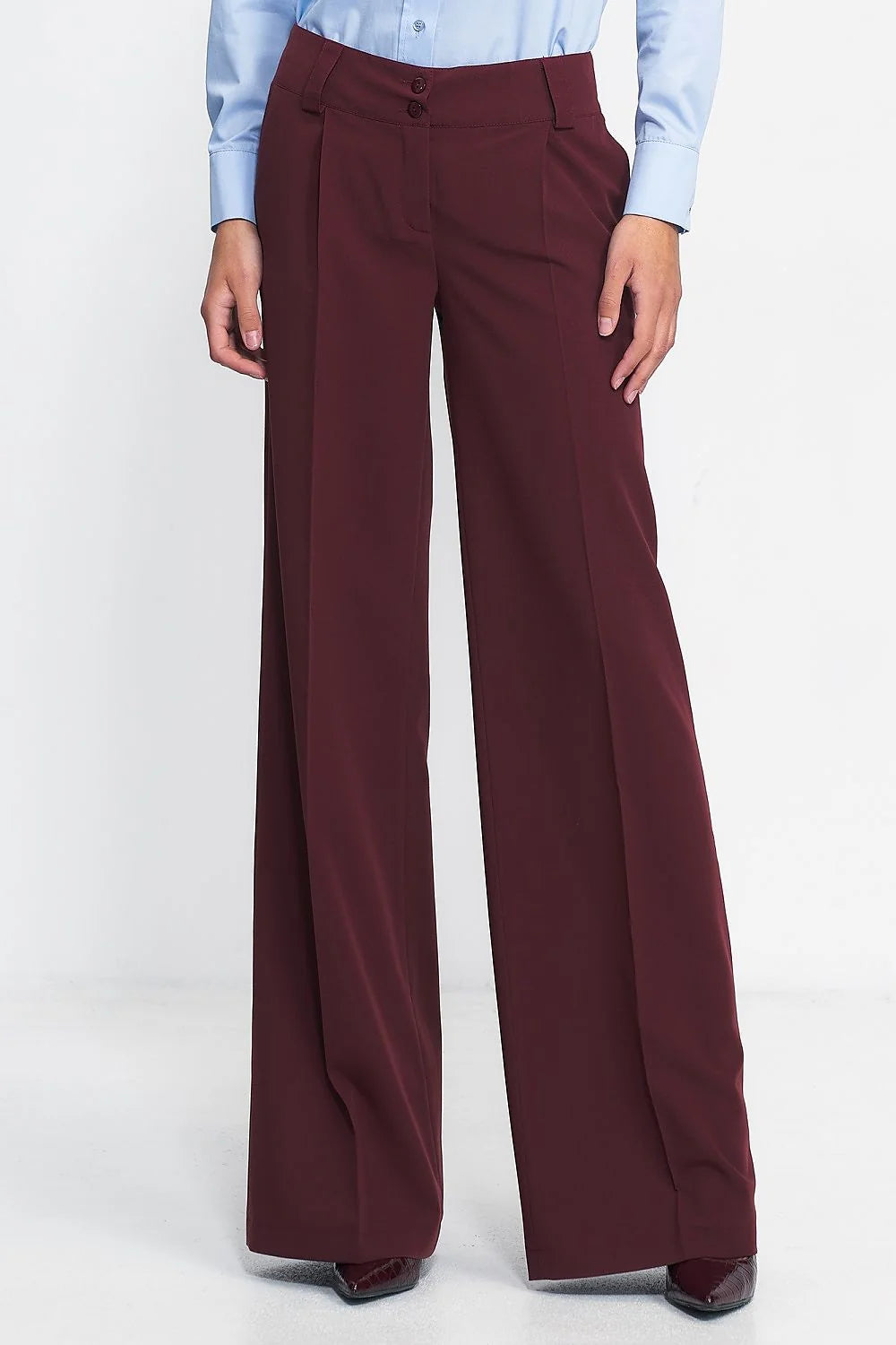 Pantalon long Nife élégant coupe large jambes évasées couleur bordeaux matière douce taille haute femme