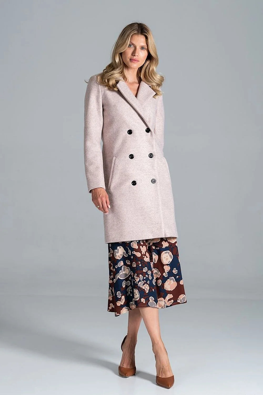 Manteau femme laine élégant croisé boutons double rangée poches automne-hiver rose pâle ajustable