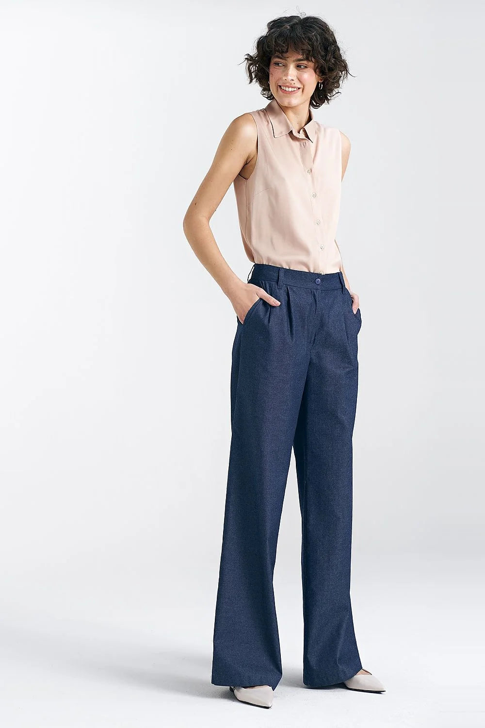 Pantalon long femme à jambes larges en coton 100% bleu marine taille haute ceinture ajustable coupe droite