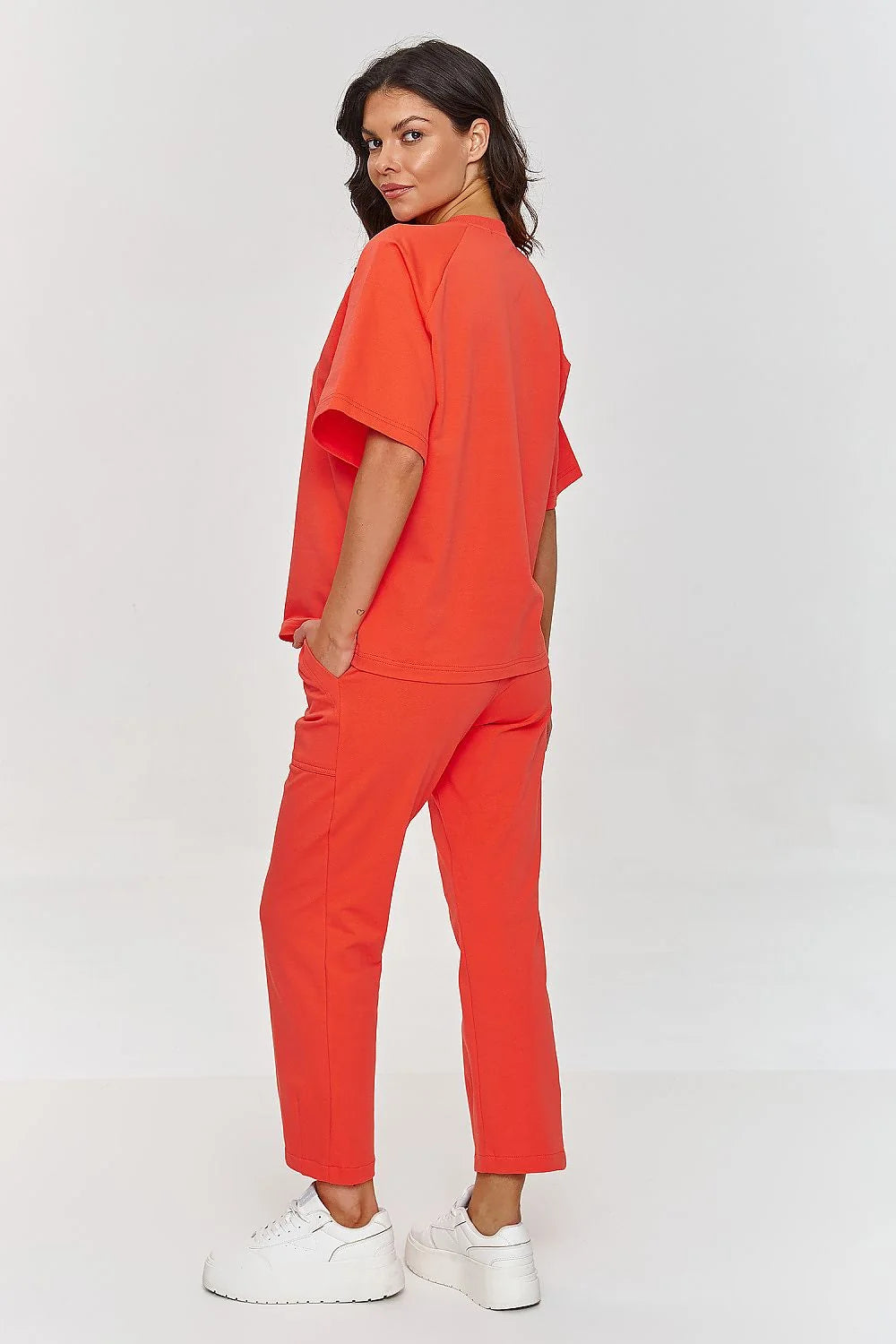 ensemble Makadamia femme corail vif haut oversize manches raglan pantalon jogger cargo taille élastique poches latérales maille jersey coton confortable