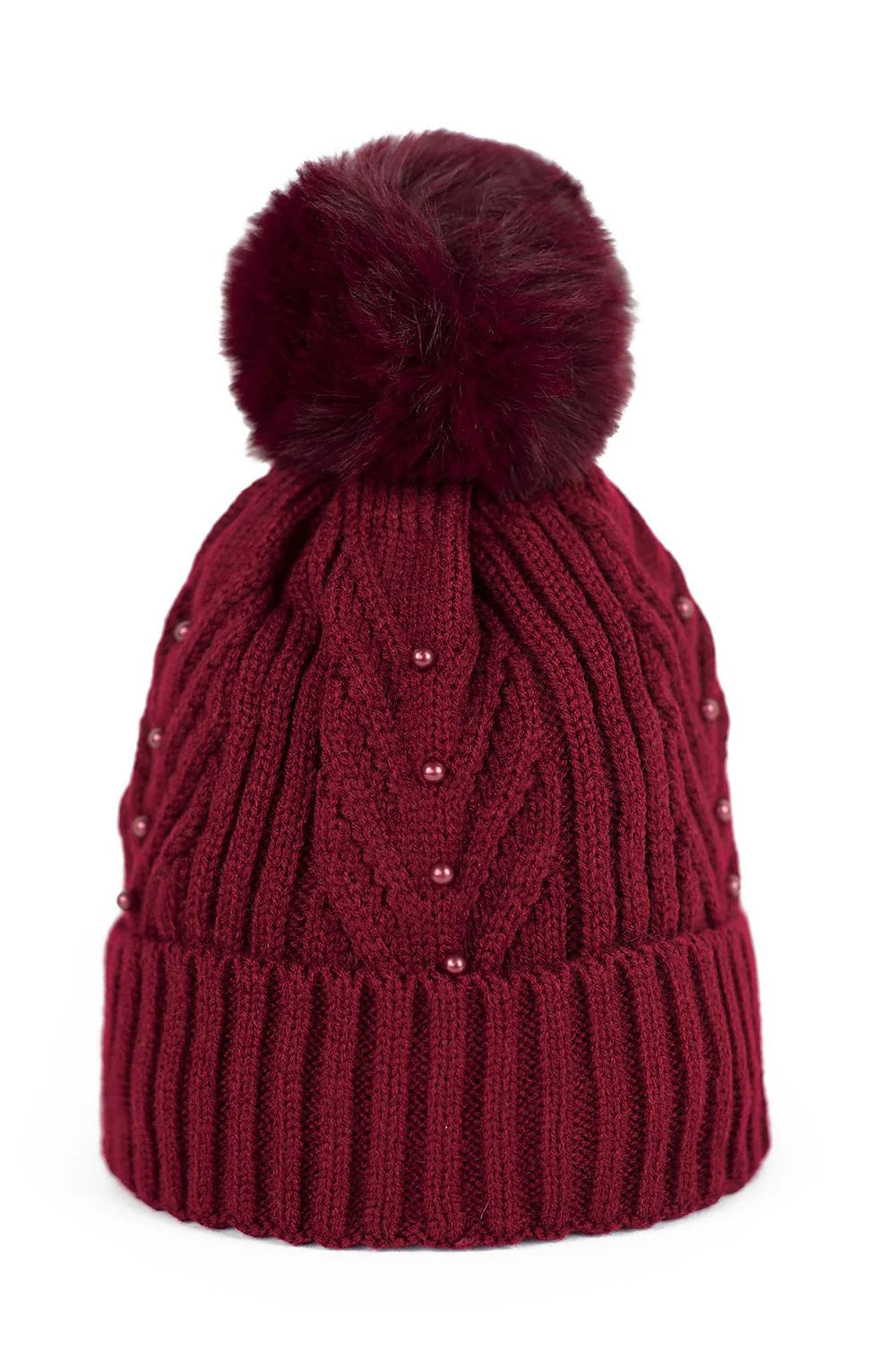 Bonnet élégant pour femme en laine bordeaux avec pompon en fausse fourrure, motifs torsadés et perles