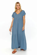 Robe de jour Makadamia longue en viscose couleur bleu-gris col V taille empire pour femme