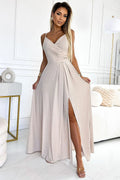 Robe longue nude style empire corsage croisé manches fines fente haute tissu scintillant robe mariage réveillon robe élégante femme