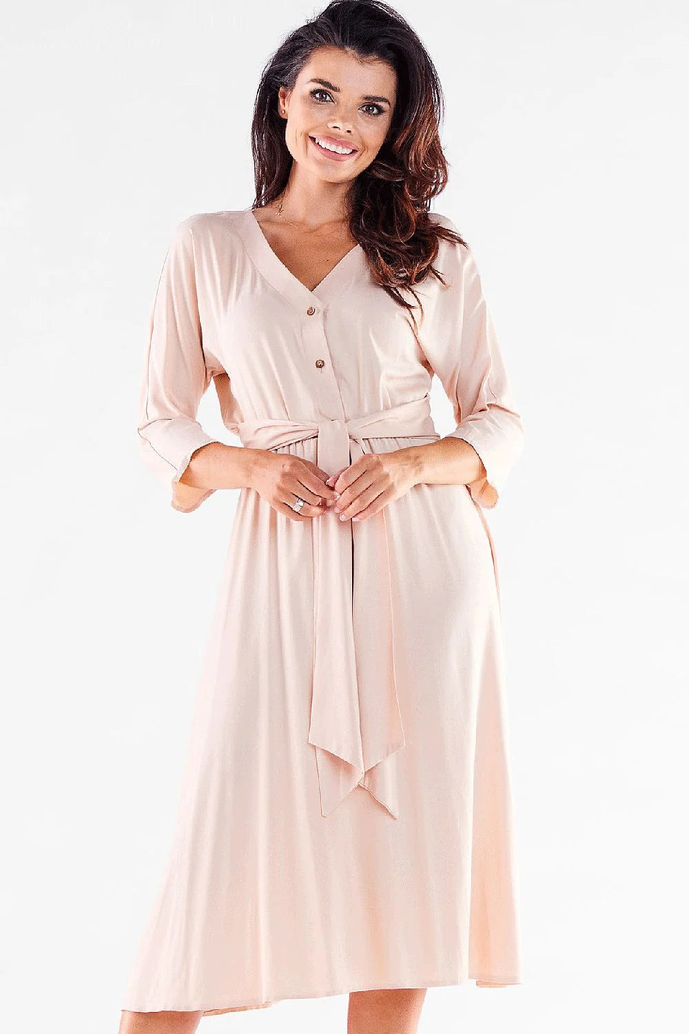 Robe femme élégante intemporelle midi manches 3/4 encolure V ceinture assortie couleur rouge vif matériau doux légèrement satiné