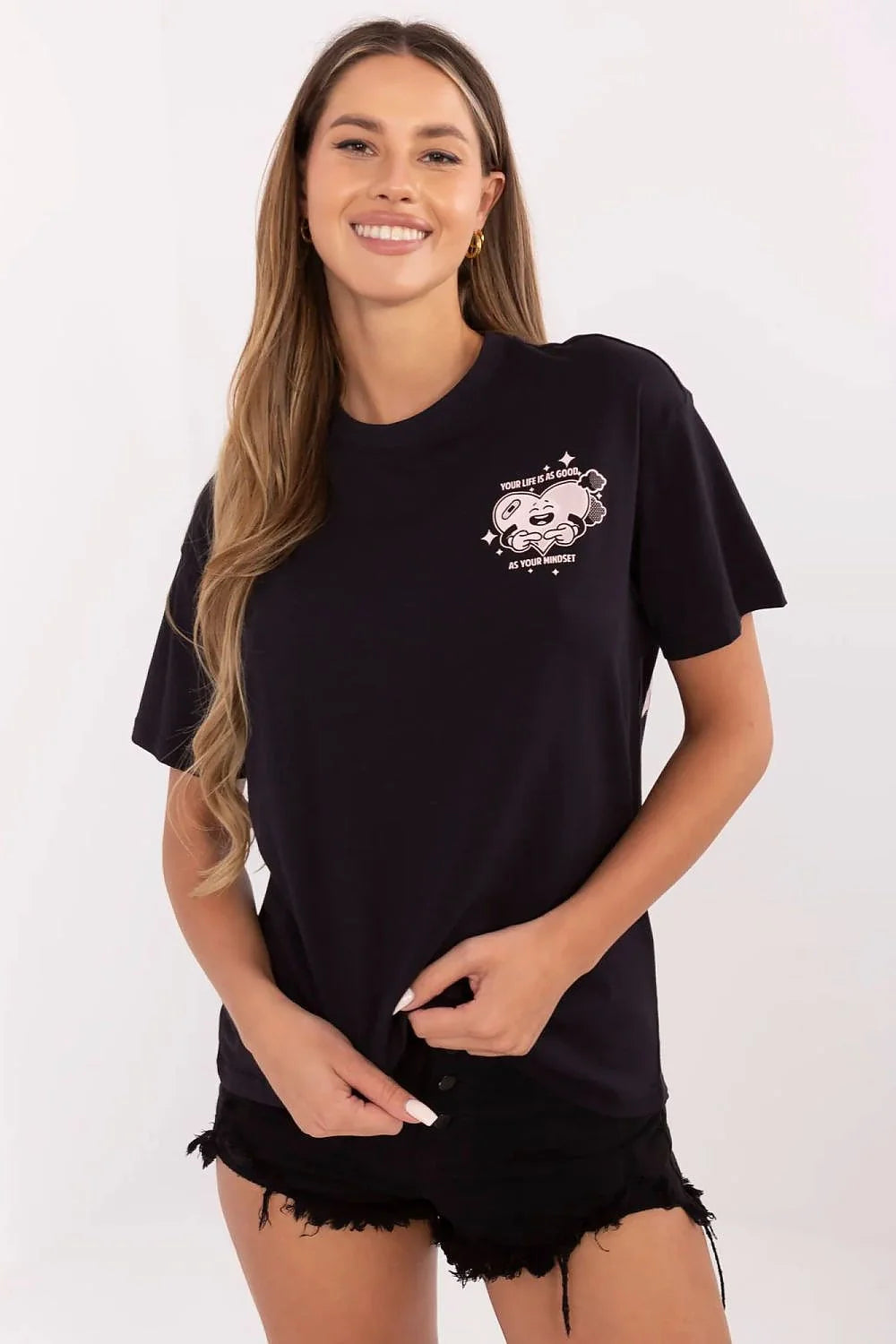T-shirt femme Sublevel noir coton impression graphique YOUR LIFE IS AS GOOD AS YOUR MINDSET coupe droite col rond manches courtes style moderne polyvalent