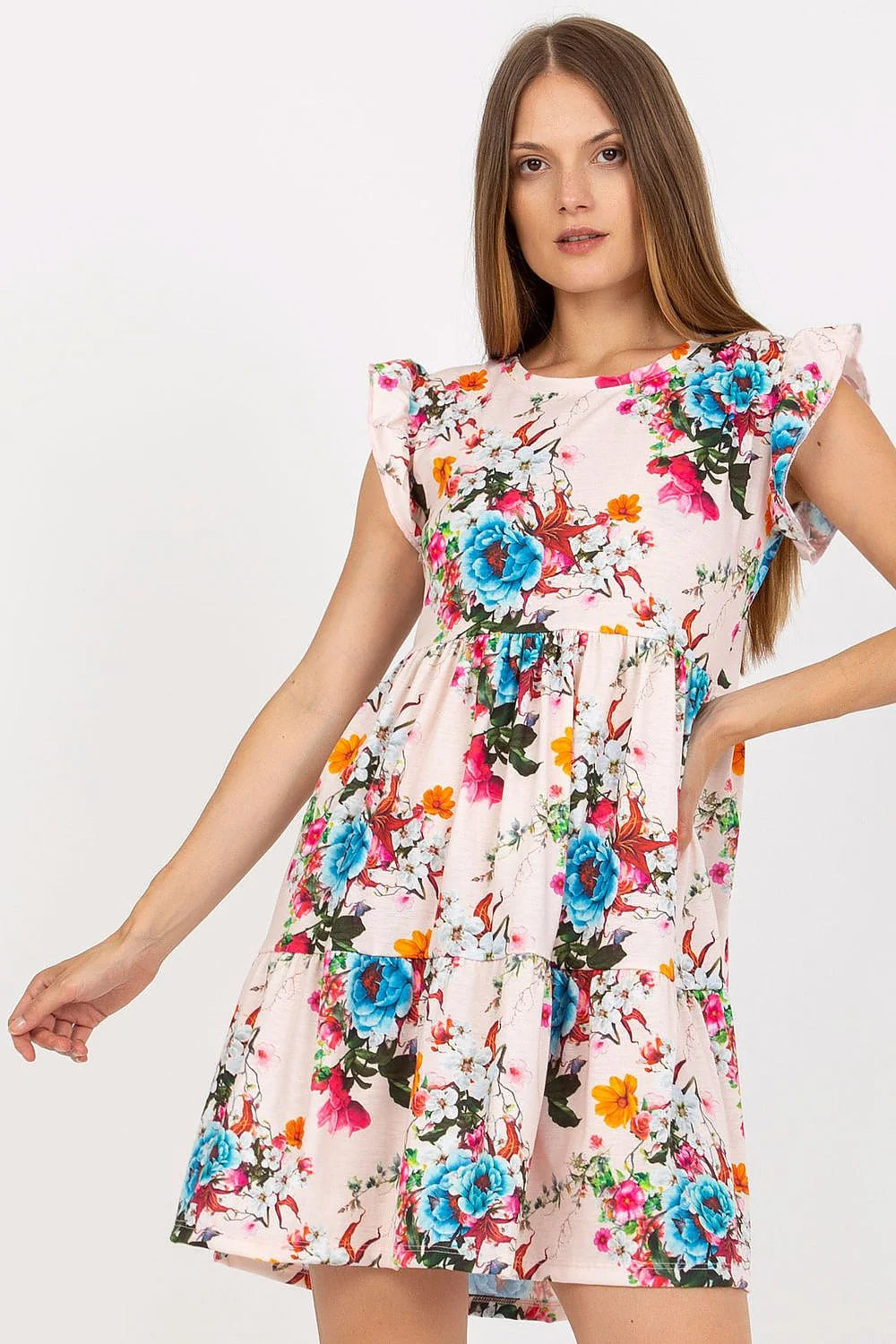Robe de jour fleurie Rue Paris manches courtes volants tissu coton élasthanne été décontractée femmes