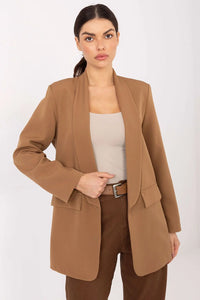 veste blazer femme camel long col châle ouvert coupe droite épaules cousues structure tailleur manches longues poches rabat doublure confortable
