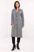 manteau long femme coupe droite tailleur minimaliste gris chiné polyester doublé léger épaulettes revers col boutons poches rabats élégant polyvalent