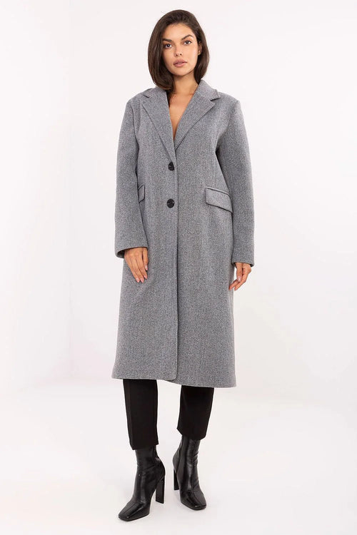 manteau long femme coupe droite tailleur minimaliste gris chiné polyester doublé léger épaulettes revers col boutons poches rabats élégant polyvalent